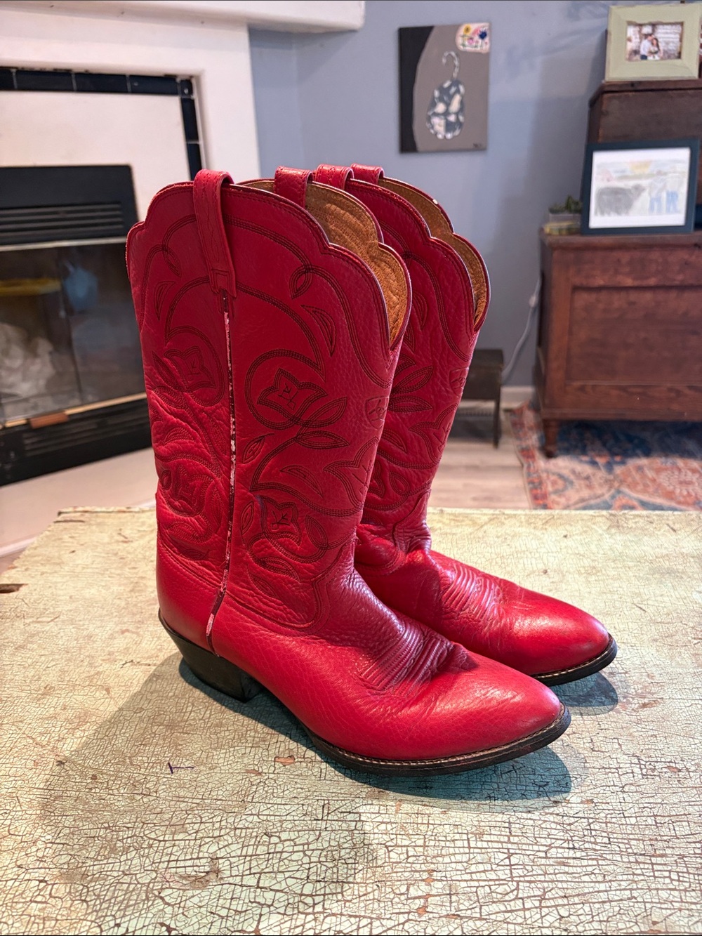 Ariat Red Western Cowboy Boots Leather Floral Stitch Women’s US 10B - Picture 2 of 9